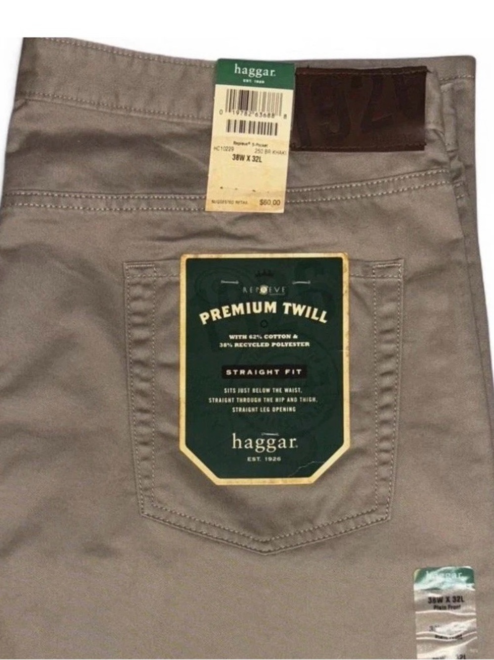 NWT Haggar Men’s Premium Twill Chino Pants Straight Fit Khakis 38x32 Bus. Casual